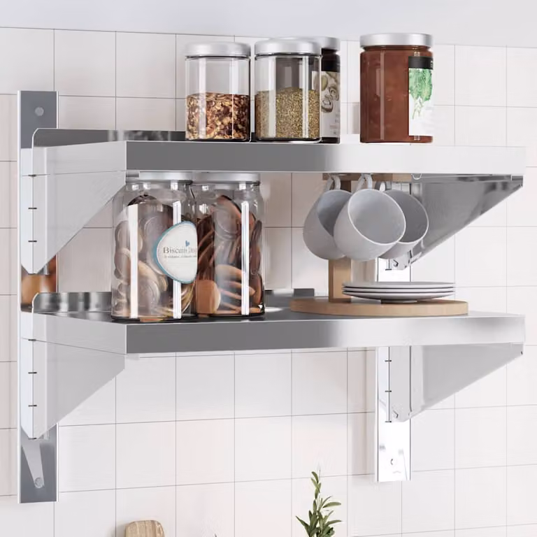 vidaXL Mensola da muro con 2 ripiani in metallo argento, L 50 cm x P 30 cm x H 48 cm