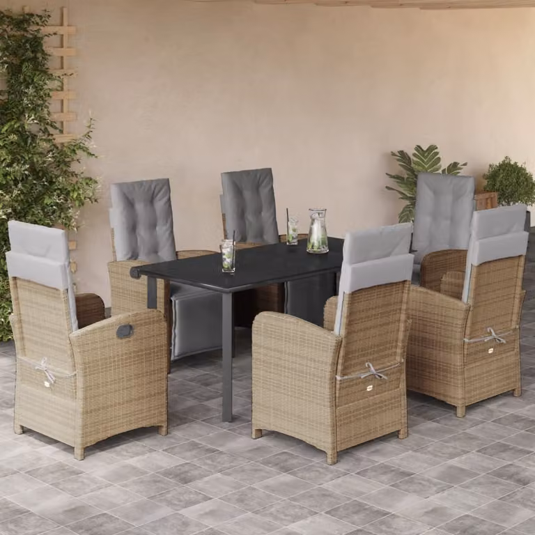 Set da Pranzo da Giardino vidaXL 7 pz in Polyrattan con Cuscini Beige e Tavolo in Vetro