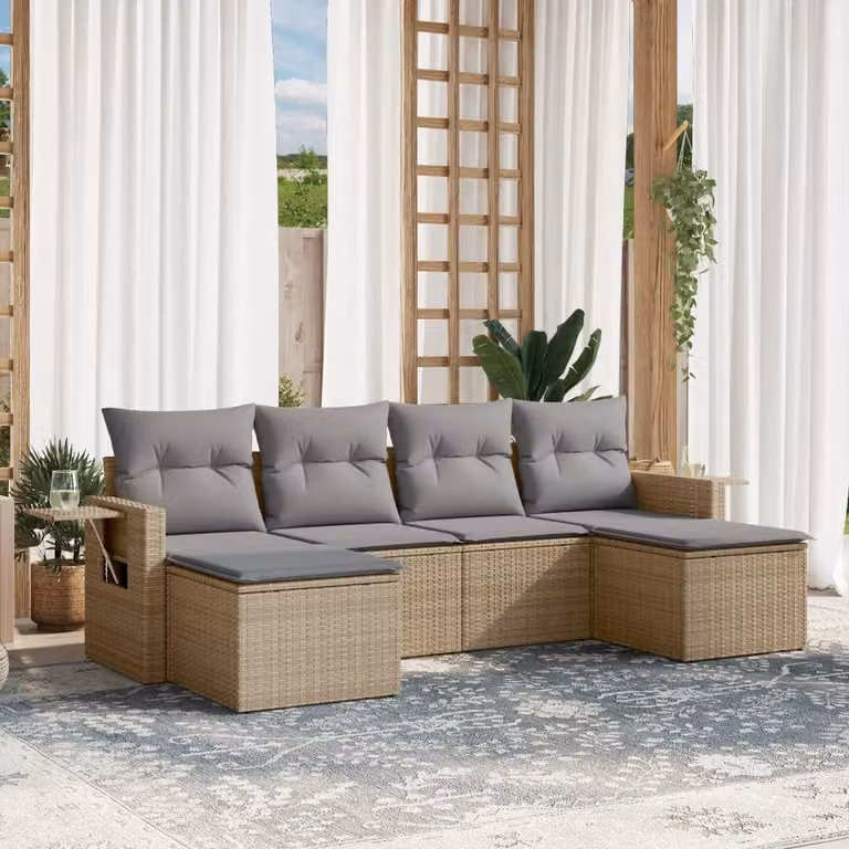 vidaXL Set Divano da Giardino a L in Polyrattan Beige con 6 Pezzi e Cuscini Imbottiti