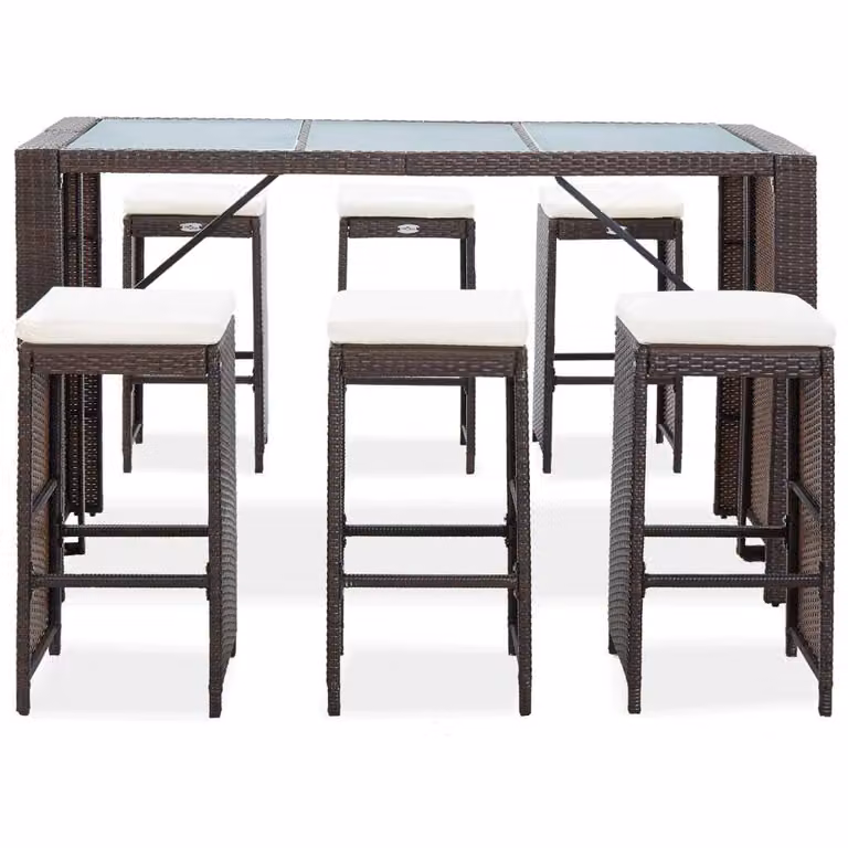 Set da Bar da Giardino 7 pz con Cuscini in Polyrattan Marrone