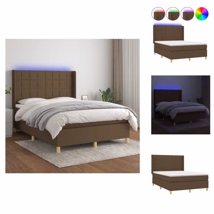 vidaXL Letto a molle con materasso e LED in tessuto marrone scuro 140x200 cm - Letti e strutture letto