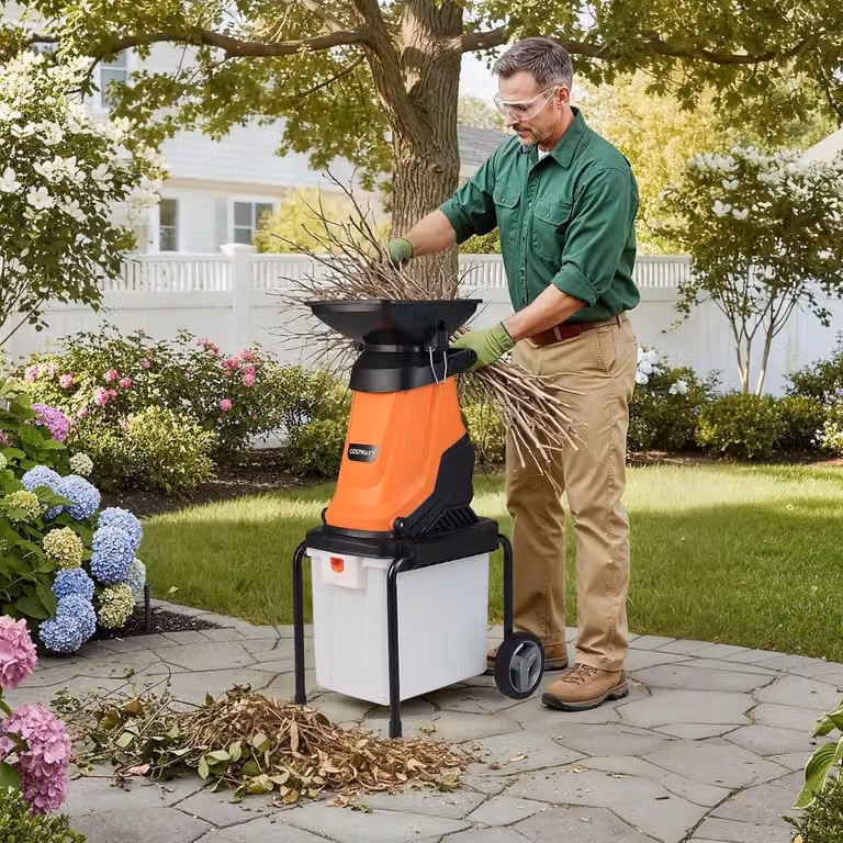 Trituratore per giardino, modello elettrico con ruote e contenitore di raccolta da 50 litri, spessore di taglio di 45 mm, trituratore elettrico da giardino con cavo, ideale per la pulizia del giardino