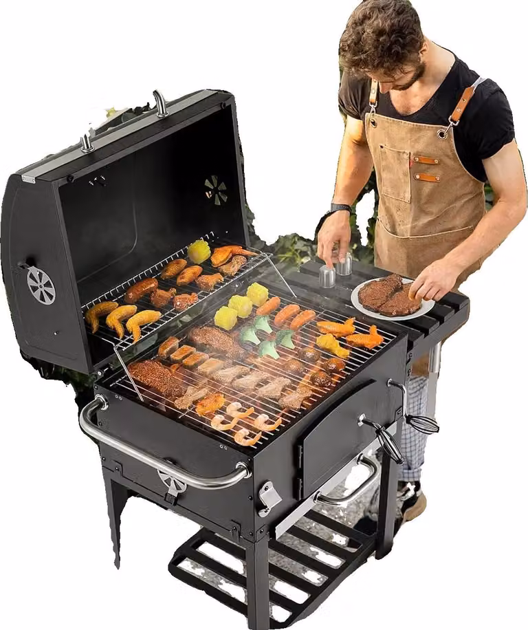Carrello per barbecue a carbonella, griglia 57x42 cm, barbecue termoisolante 54x20 cm, ventilazione regolabile 4, termometro integrato, vaschetta per carbonella regolabile in altezza