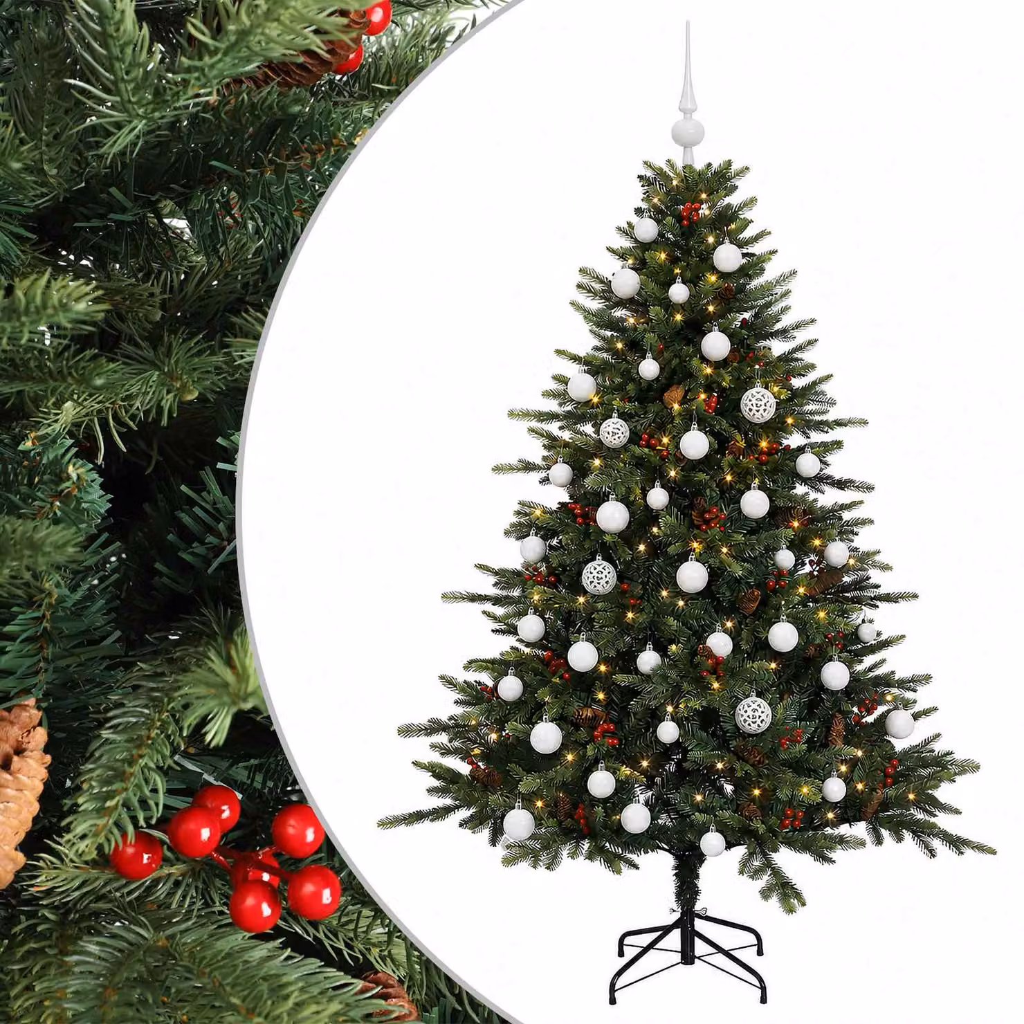 Albero di Natale artificiale verde vidaXL con 150 LED luce bianca calda e decorazioni con palline in PVC e metallo