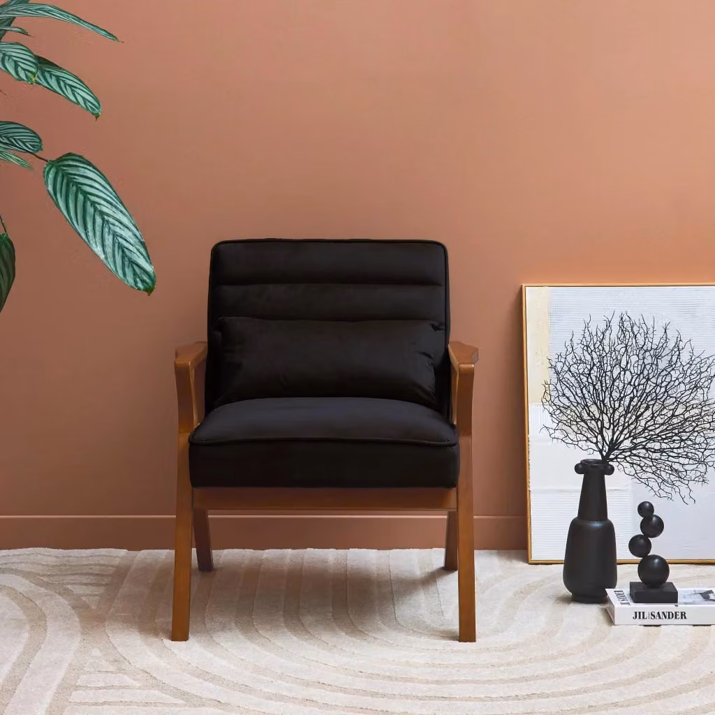 Poltrona scandinava Sweeek in velluto nero con struttura in legno massello – 2