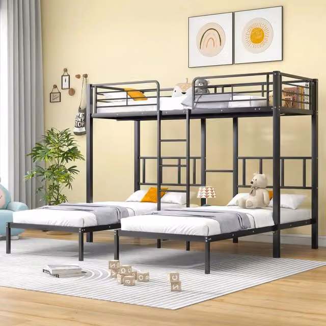 Letto a castello triplo funzione tavolo metallo nero 90x200 cm