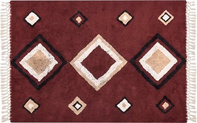 Tappeto Beliani in cotone con motivo a diamante e stile boho rosso L: 230 cm, P: 160 cm