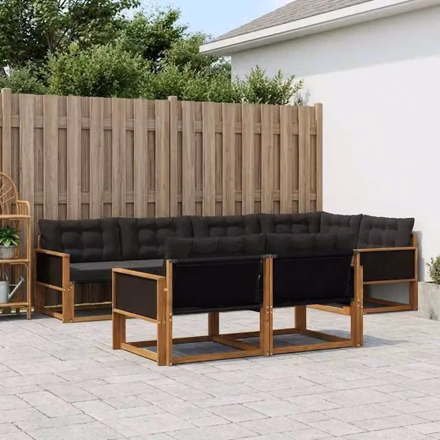 Set di divani da esterno a forma di U vidaXL in legno di acacia con cuscini, Marrone e Nero