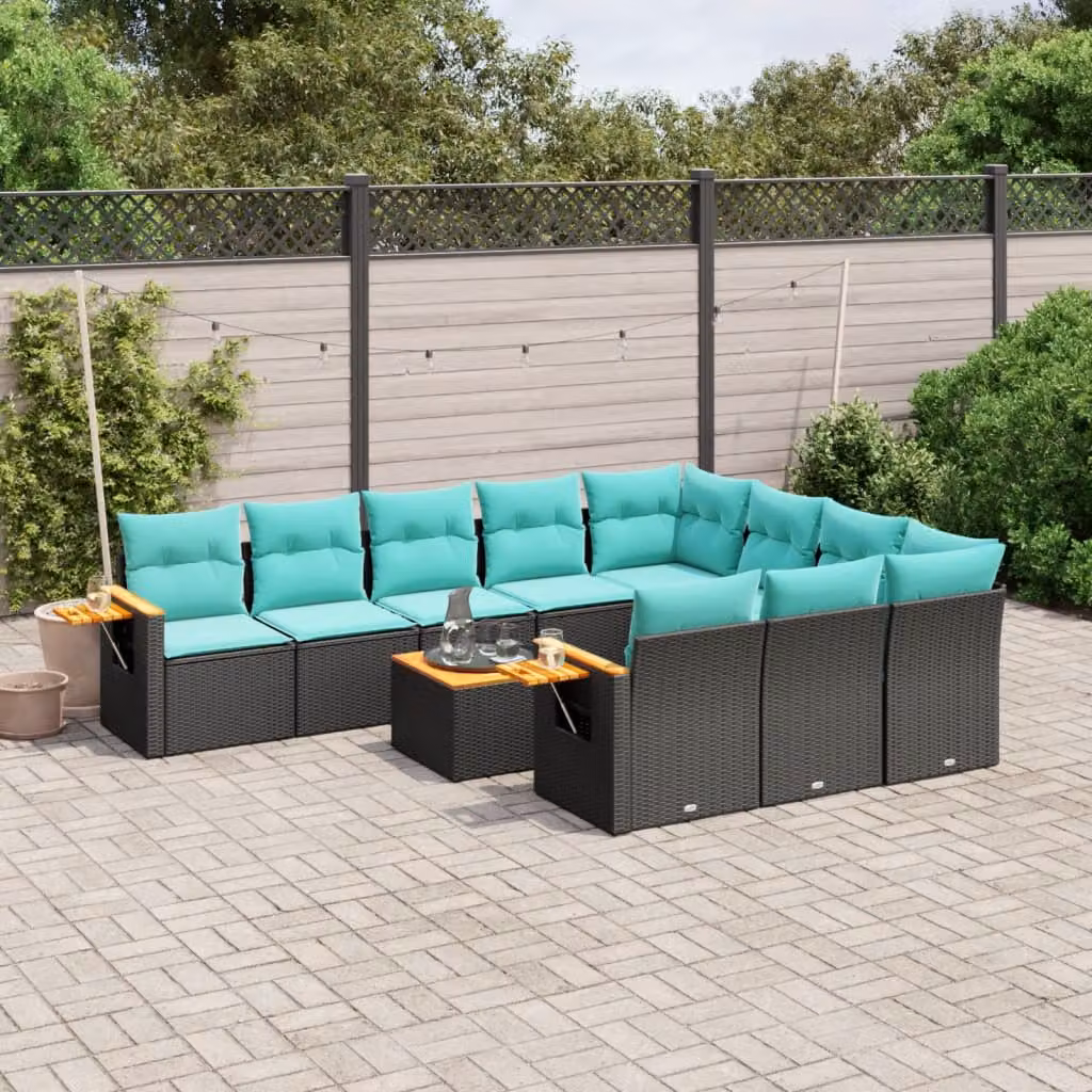 vidaXL Set Divani da Giardino 11 pz a Forma a L in Polyrattan Nero con Cuscini Blu e Coperture Rimovibili – 1