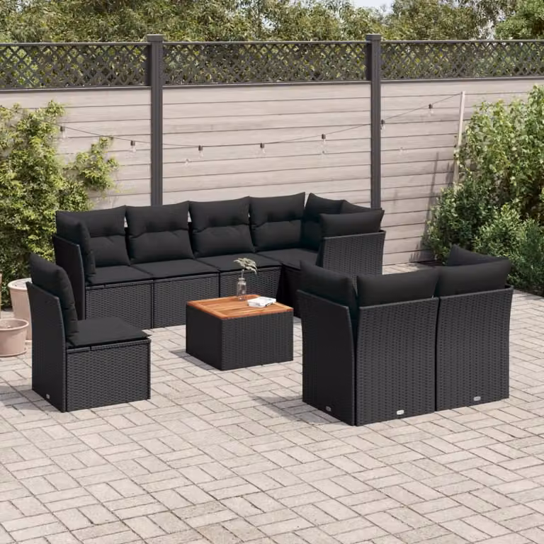 vidaXL Set Divani da Giardino a L in Polyrattan Nero con Cuscini e Tavolino da Esterno