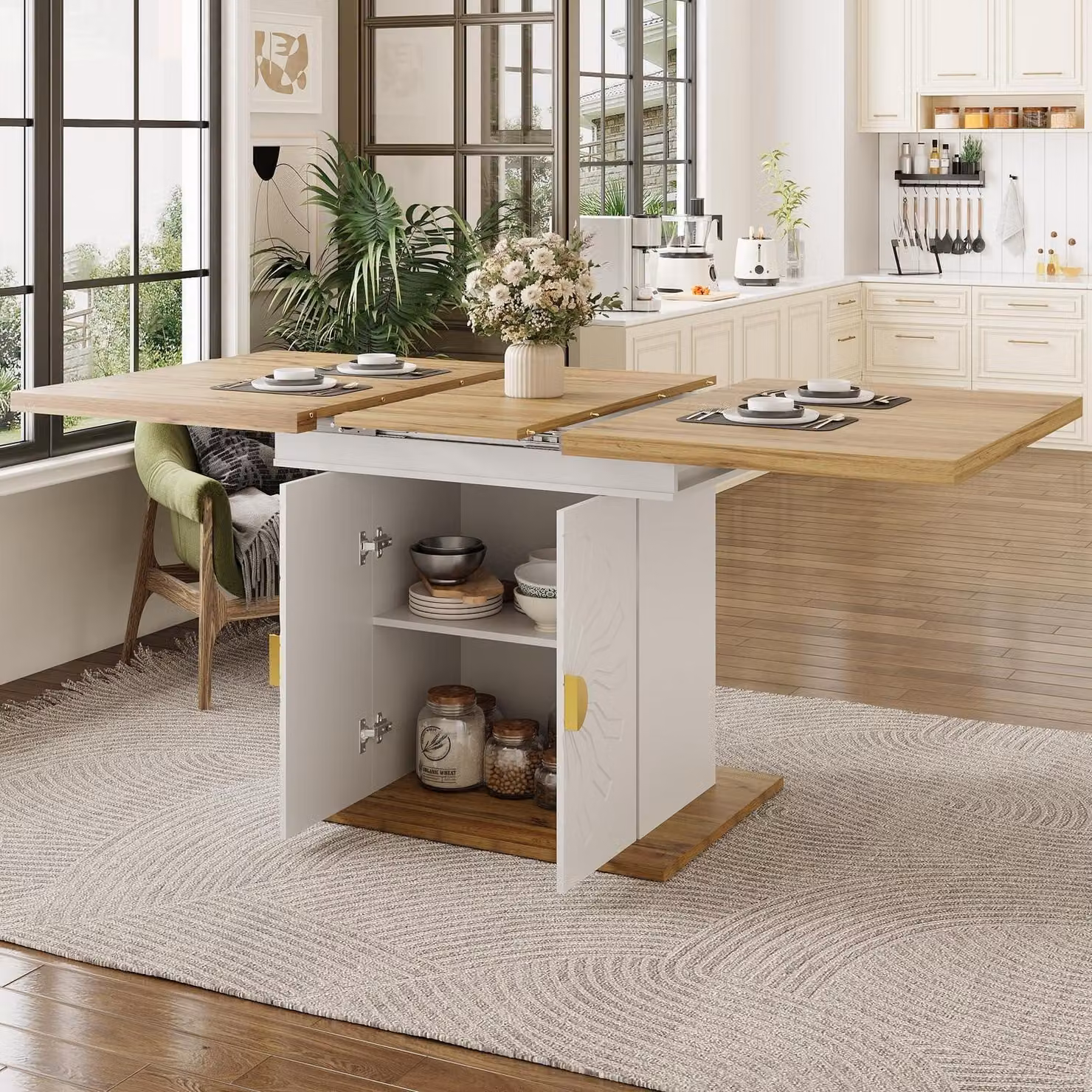 Tavolo da pranzo allungabile con spazio contenitore, decorato con un motivo a rilievo solare, per 4-6 persone, bianco e color legno, dimensioni 110-140x70x76 cm