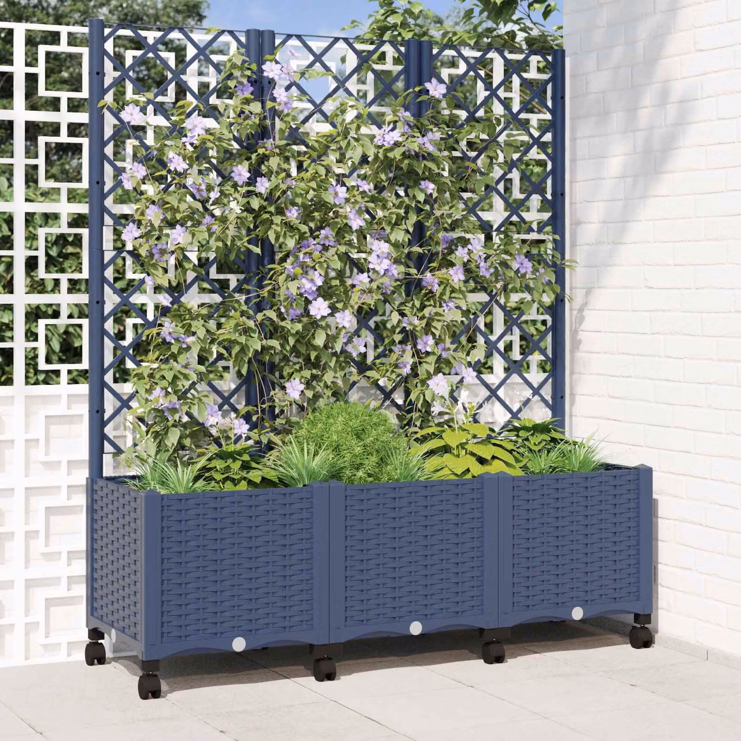 vidaXL Vaso da giardino con grigliato e ruote in plastica Blu Grigio L: 120 cm, P: 40 cm, H: 146 cm