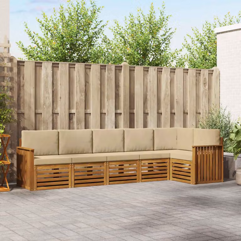 vidaXL Set di divani da esterno a L composto da 6 pezzi in legno di acacia con cuscini beige e marrone