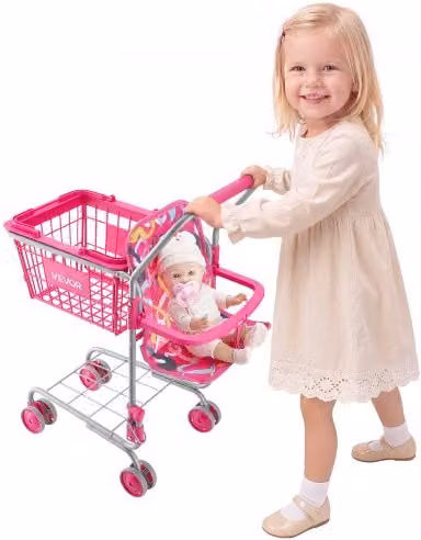 Carrello della Spesa Giocattolo VEVOR per Bambini, Carrello Supermercato in Metallo con Sedile per Bambole e Cestino a Rete, Colore Rosa