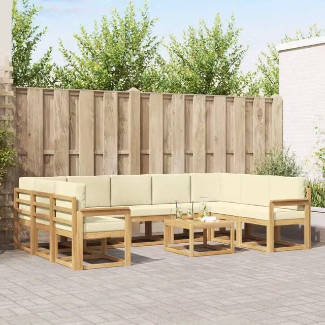Set di divani da esterno a forma di L vidaXL in legno di acacia con cuscini bianchi e beige – 1