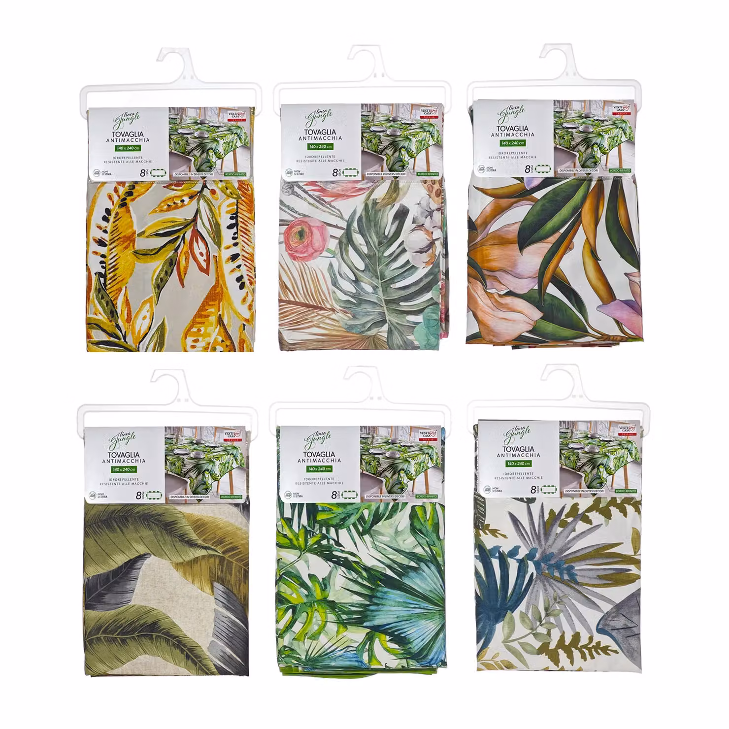Tovaglia Antimacchia Vestiamo Casa Linea Jungle con Motivo Floreale Multicolore per 8 Posti, L: 240 cm, P: 140 cm