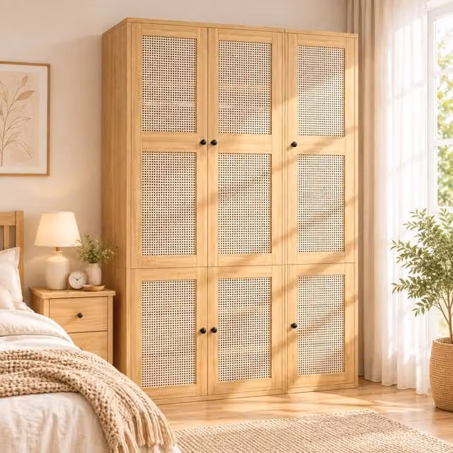 Armadio 135 x 47 x 200 cm; ante a battente con intreccio in rattan; 2 aste appendiabiti; 6 cassetti; 4 scomparti contenitore