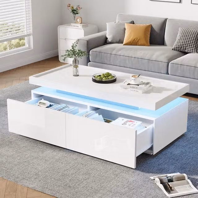 Tavolino da caffè MINIMAL con LED e cassetti, design moderno in bianco lucido, L: 126 cm, P: 45 cm, H: 50 cm