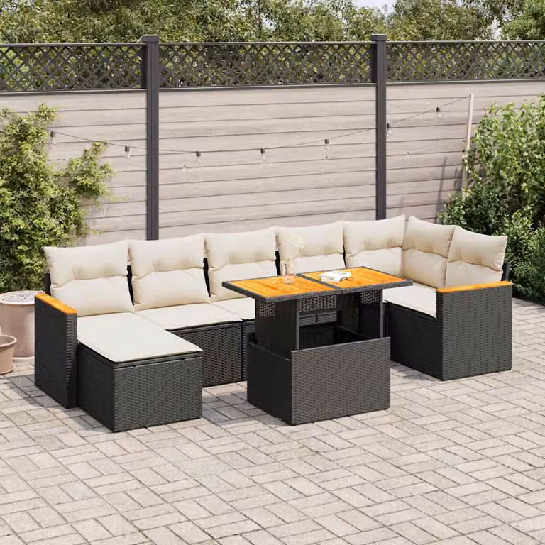 Set Divano da Giardino a L vidaXL in Polyrattan e Legno di Acacia con 8 Cuscini, Nero e Bianco