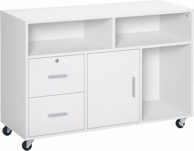 Mobile Porta Stampante DESIGN IN Bianco con 2 Cassetti con Chiave, 3 Ripiani e Armadietto su Rotelle, L/P/H: 100 x 35 x 65 cm