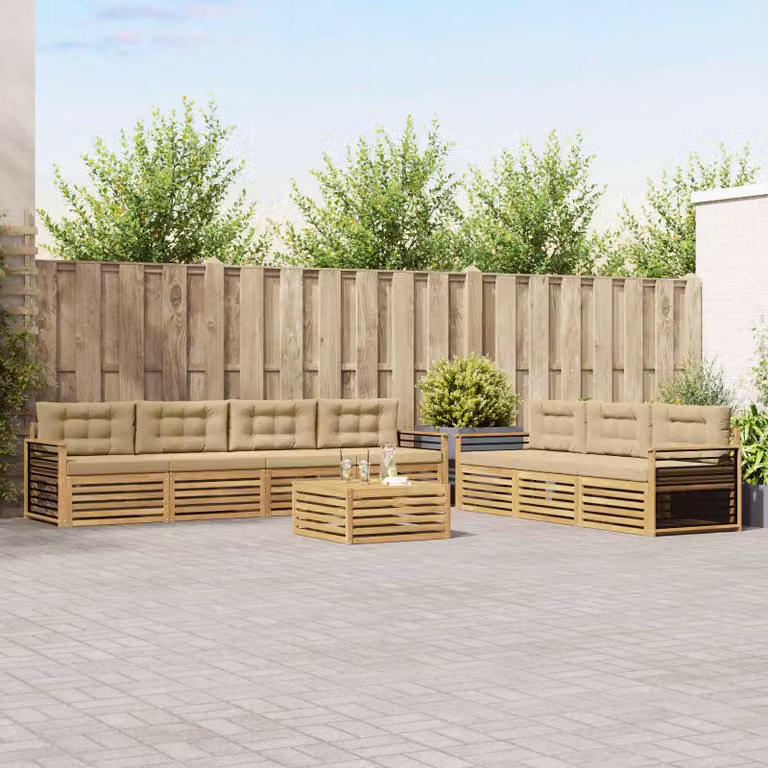Set di divani da esterno vidaXL a forma di U composto da 8 pezzi con tavolino da caffè, in legno di acacia trattato e tessuto bianco e beige