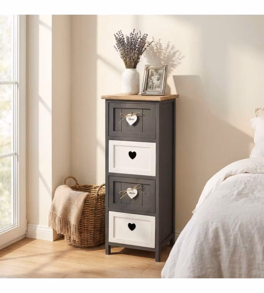 Mobiletto Cosma con 4 Cassetti in Legno Grigio Stile Shabby Chic L: 30 cm, P: 27,5 cm, H: 81 cm