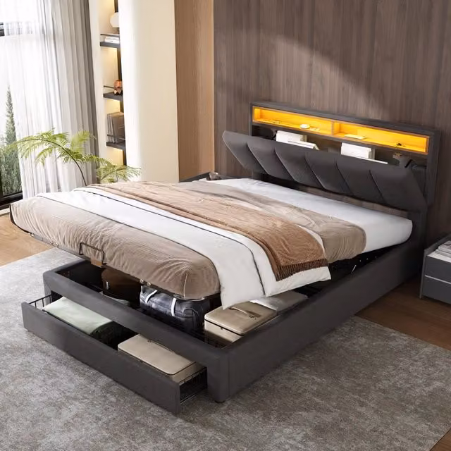 Letto imbottito matrimoniale 140x200 cm con LED; contenitore sottoletto; grigio in lino