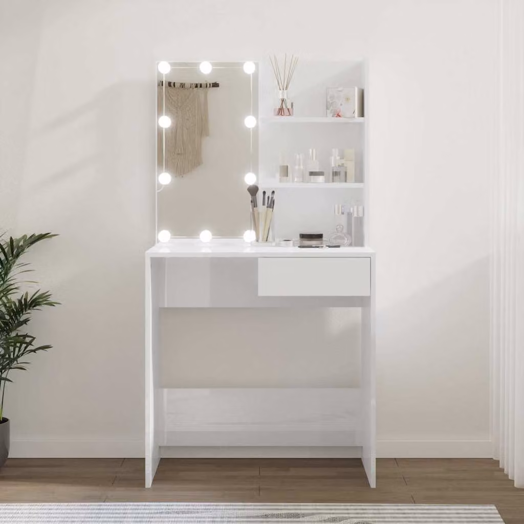 vidaXL Toeletta Hollywood con LED Bianco Lucido L/P/H: 74,5 x 40 x 141 cm