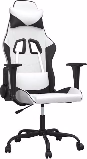 Sedia da Gaming Bianco e Nero in Similpelle con Poggiatesta e Ruote, Regolabile e Girevole 360°