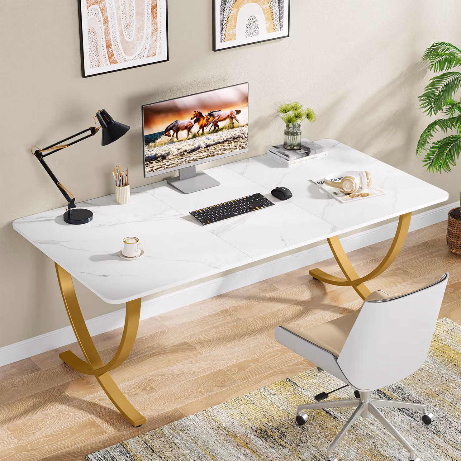 Tribesigns Desk Scrivania per computer, 160 x 80x75 cm Scrivania moderna per PC Scrivania per ufficio Tavolo da pranzo con piano in finto marmo e gambe in metallo