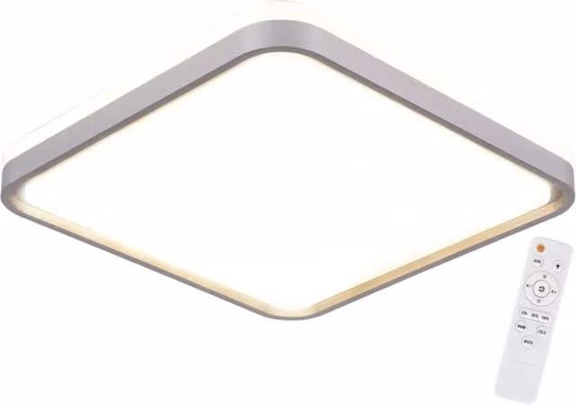 Plafoniera LED LÚZETE Tellus da 58W, design moderno quadrato, colore bianco e argento, regolabile con telecomando