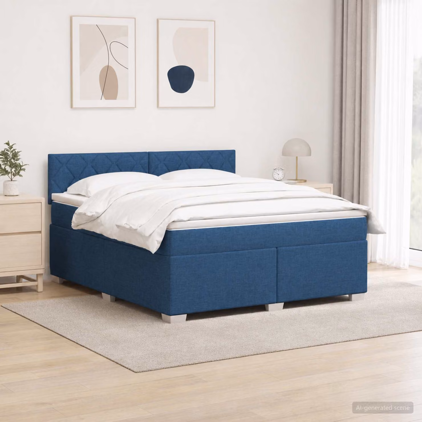 Letto con Box Spring vidaXL con Materasso Ibrido, Illuminazione LED Blu e Porta USB, Tessuto Bianco e Blu, L/P: 180 x 200 cm