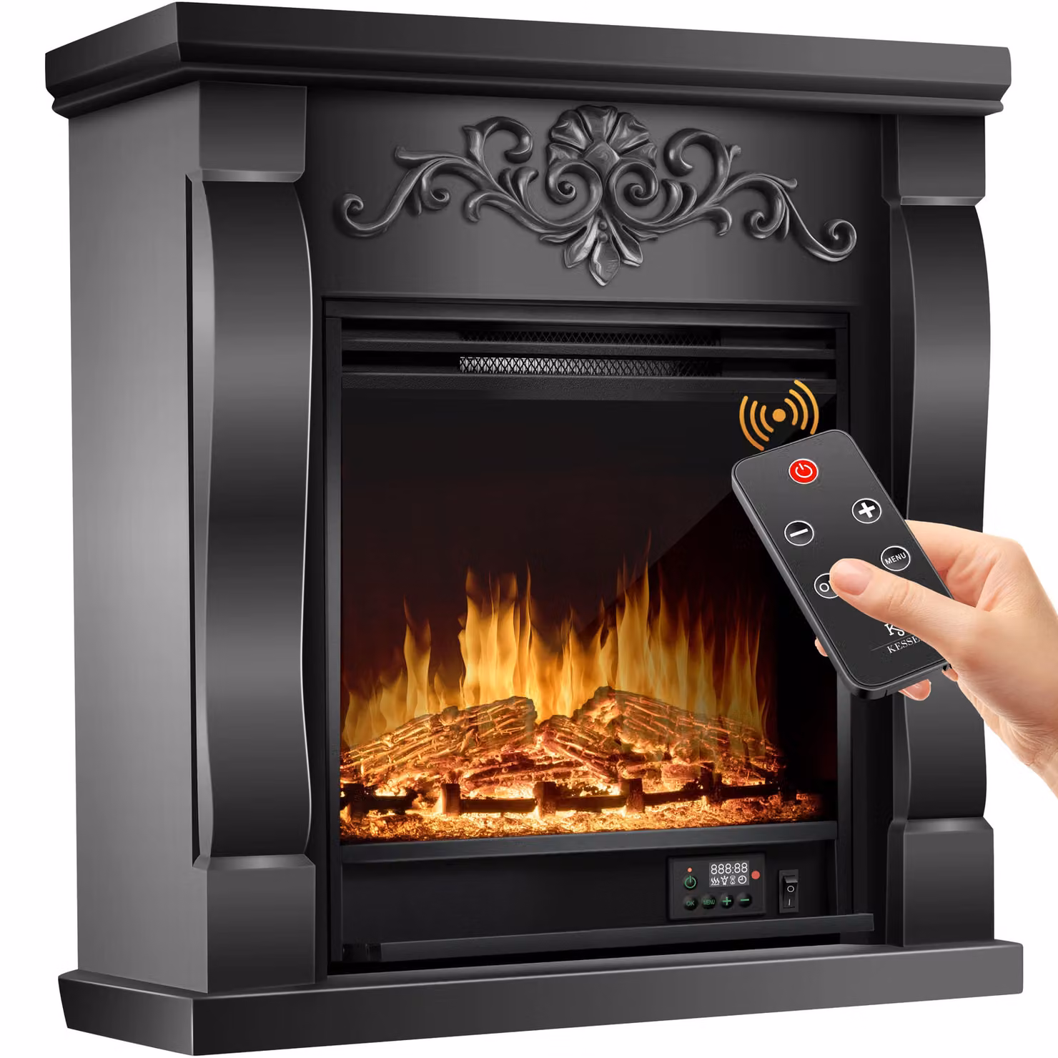 KESSER® Caminetto elettrico da pavimento, effetto fiamma 3D LED, 1800W, con timer settimanale e termostato