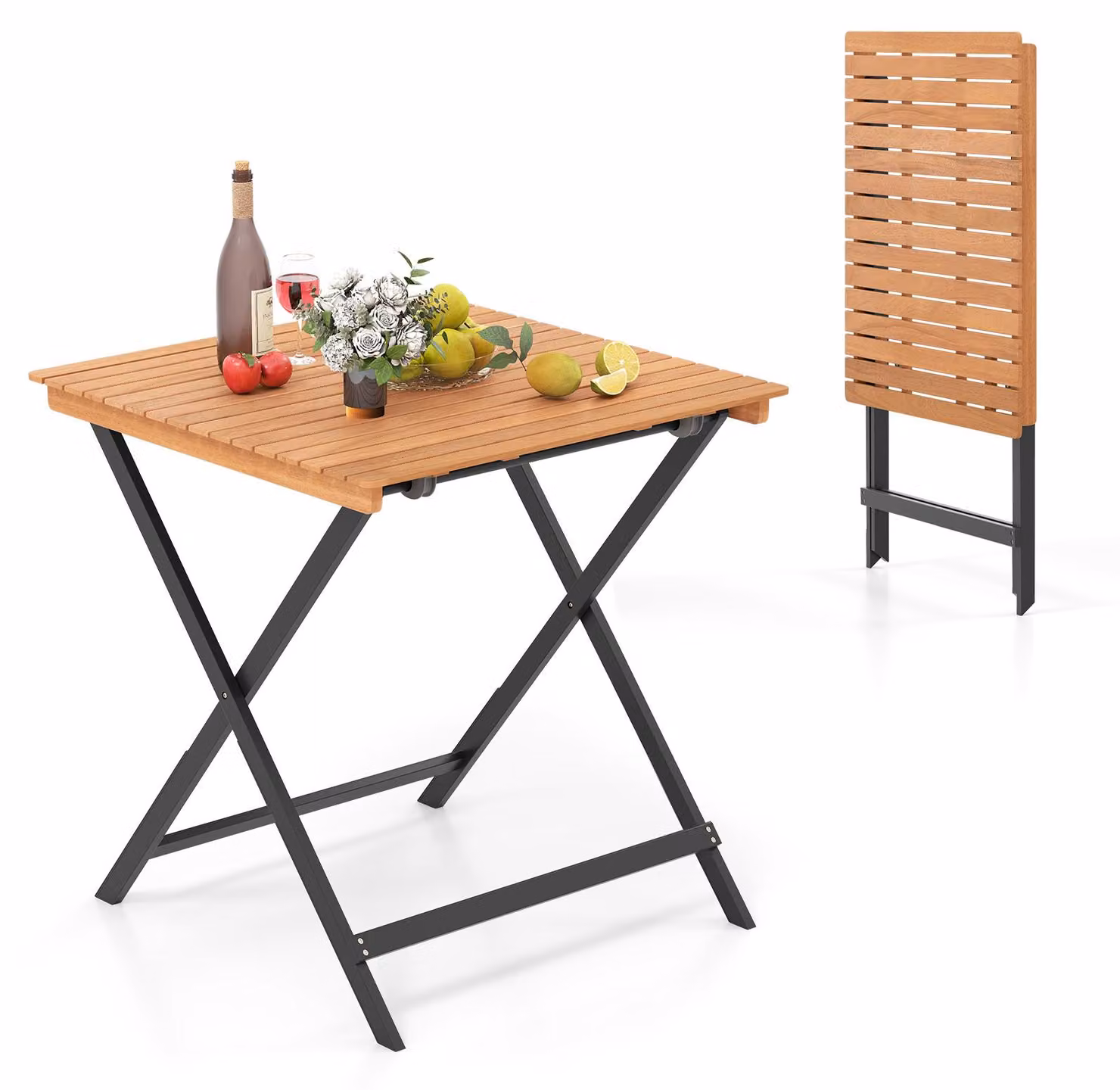COSTWAY Tavolo da giardino pieghevole in legno, tavolo in legno resistente alle intemperie, tavolo pieghevole in legno di acacia, tavolo da balcone, tavolo da pranzo per giardino, balcone, terrazza, 70x70x73 cm