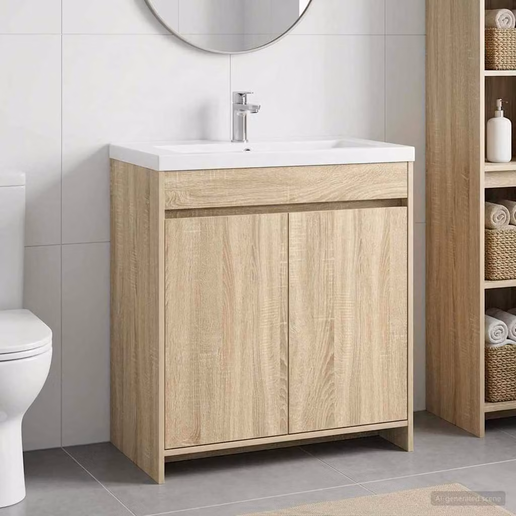 Mobiletto da bagno moderno vidaXL in legno Rovere Sonoma marrone con ante a battente, L: 81,0 cm, P: 37,5 cm, H: 78,5 cm