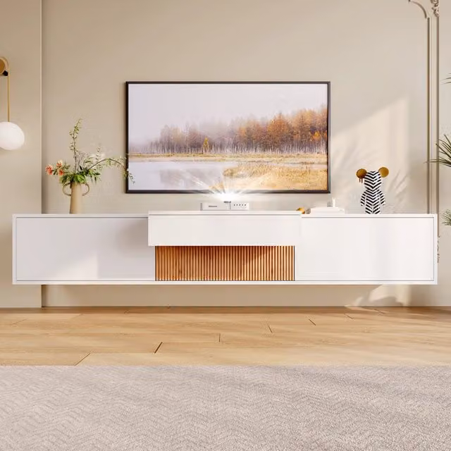 Mobile TV REDOM bianco con ripiano estraibile per soggiorno, design minimalista, L 180 cm x P 34 cm x H 30 cm