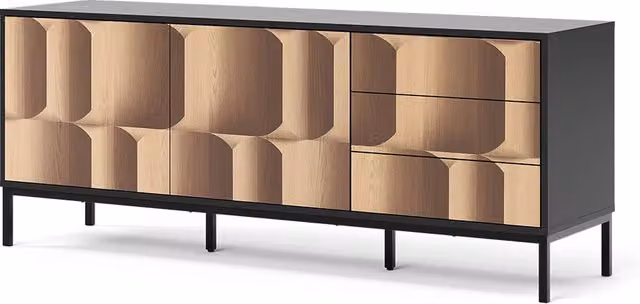 Lowboard Eliza Vicco moderno in nero e rovere con 3 cassetti L: 150 cm, P: 60 cm, H: 40 cm