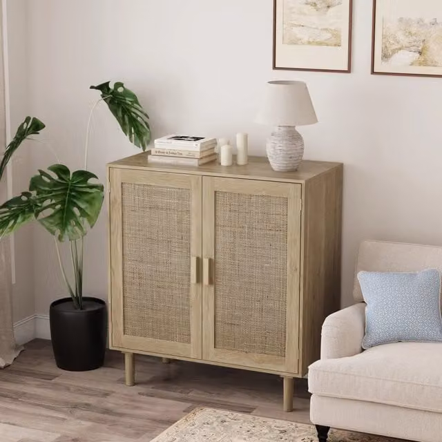 Credenza OKWISH in rattan e MDF con maniglie in legno per soggiorno e ingresso, beige, L 80 cm x P 40 cm x H 88 cm