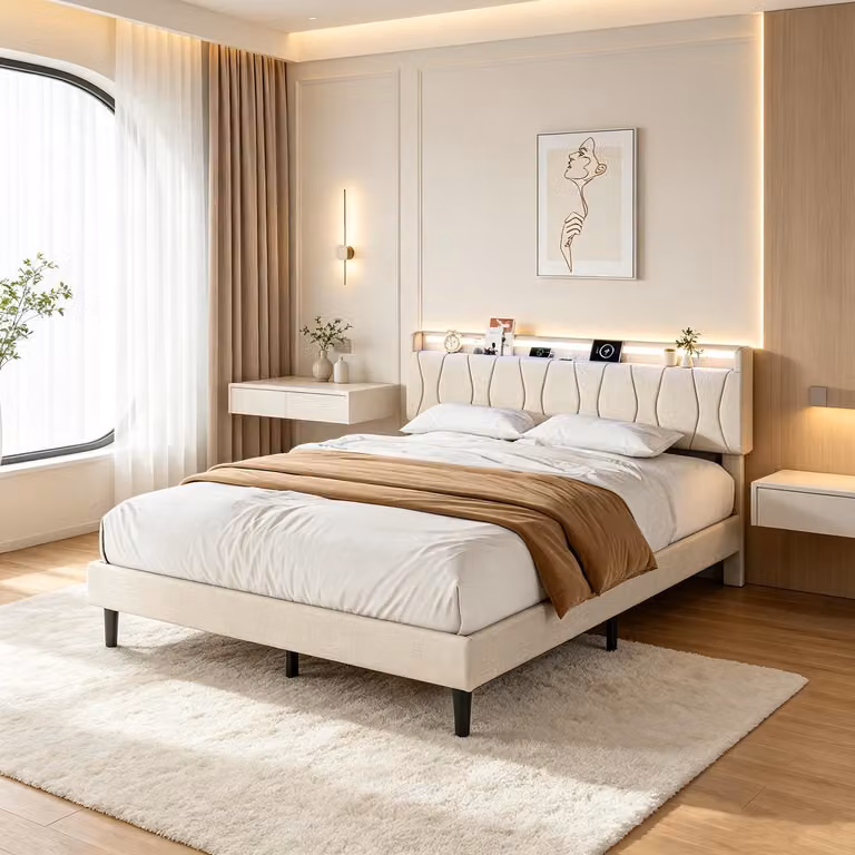 Letto matrimoniale con boxspring, imbottito, 140x200 cm, con luci LED e base di ricarica. Letto con spazio contenitore sotto la struttura, ideale per ragazzi. Struttura del letto con rete a doghe, disponibile nei colori lino e beige