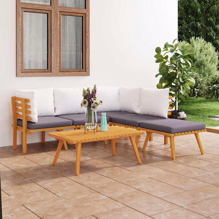 Set di divani da giardino vidaXL in legno massello di acacia con cuscini, composizione a L con pouf e tavolino, marrone, 6 pezzi