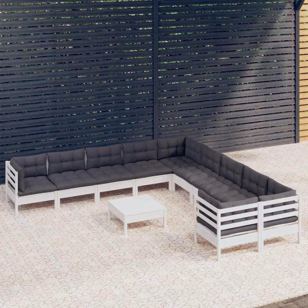 vidaXL Set Divani da Giardino a Forma di L in Legno di Pino con Cuscini Bianchi, 11 Pezzi