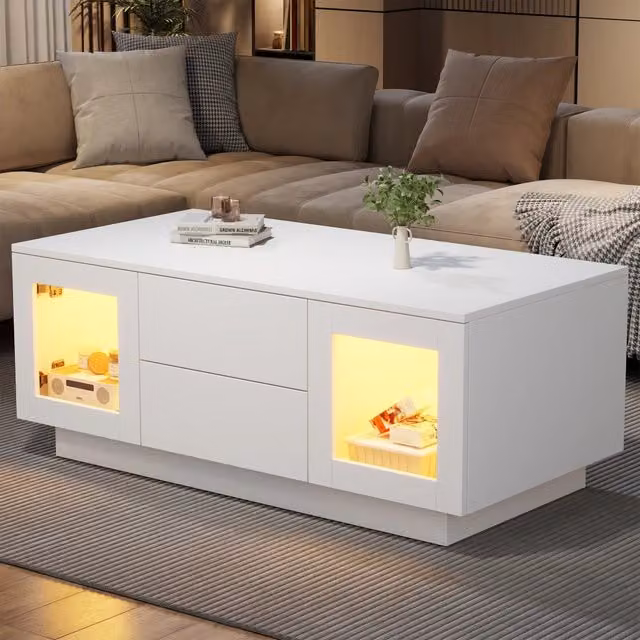 Tavolino da salotto con LED RGB; 2 cassetti e 2 ante; 100 x 50 x 40 cm; bianco
