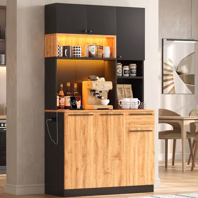 Colonna cucina con 6 ante, 1 cassetto, ripiani regolabili, LED e prese integrate per cucina moderna, 100×40×180 cm