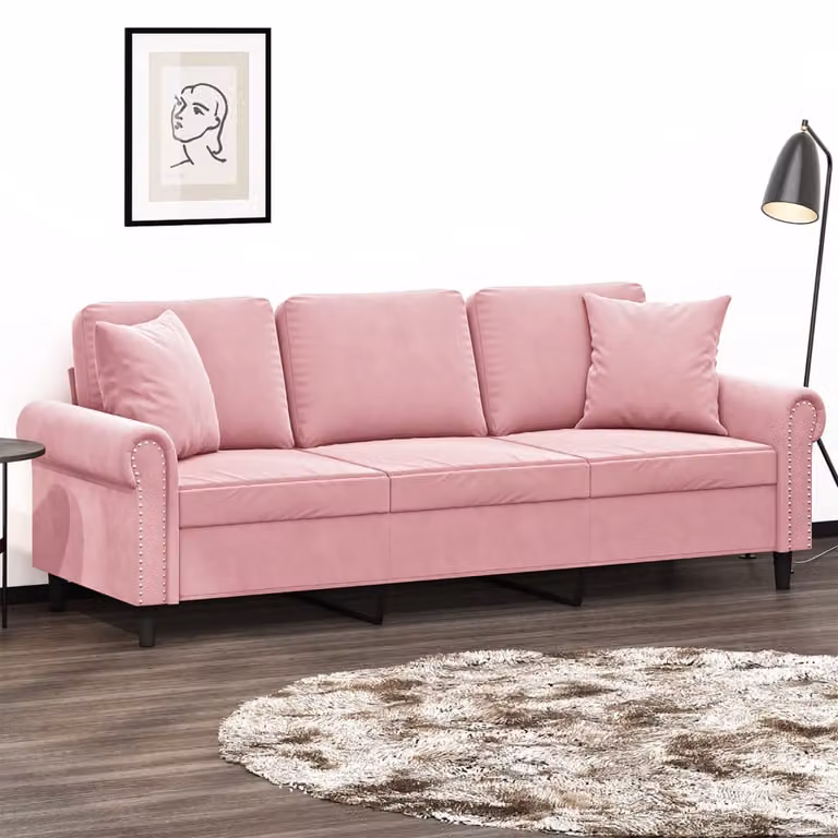 vidaXL Divano a 3 Posti Moderno in Velluto Rosa con Cuscini e Struttura in Metallo