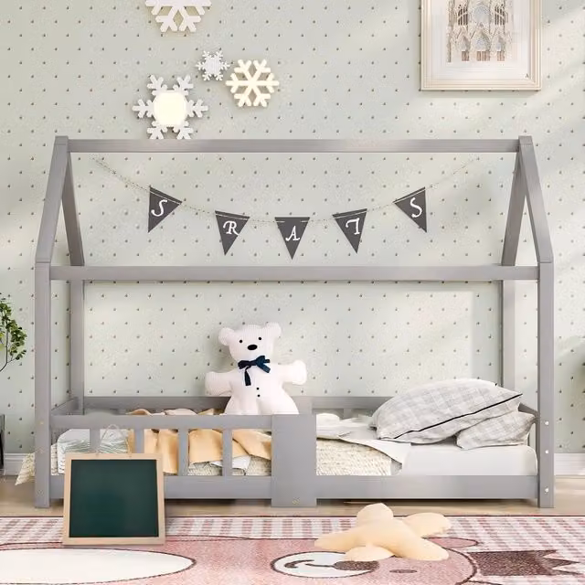 Letto per bambini Minimal in legno di pino grigio con protezione anti-caduta L/P/H: 207 x 90 x 120 cm – 1