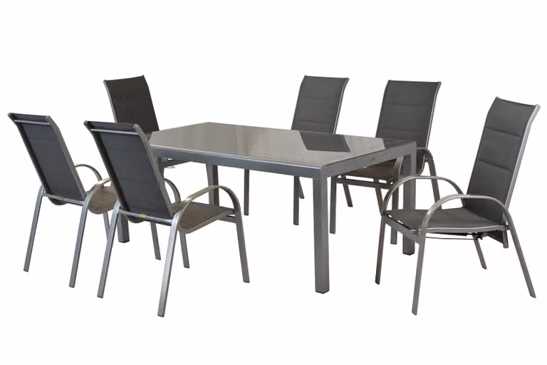 Set di mobili da giardino Merxx Amalfi 7 pezzi, 4 sedie impilabili, 2 sedie con molle a gas, 1 tavolo 190 x 100 cm - alluminio/tessuto