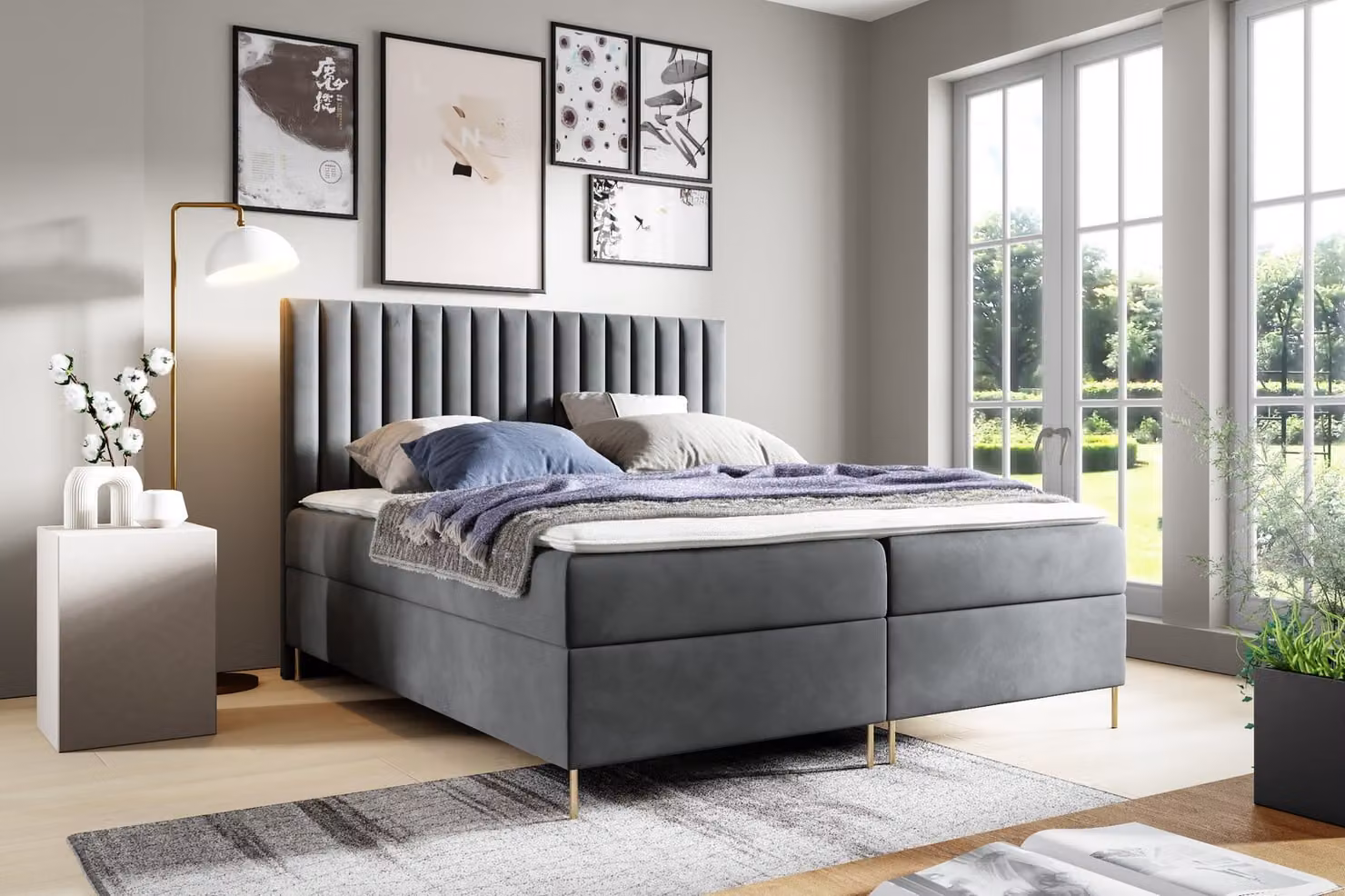 Letto a molle Postel GUTTO, modello JILL, dimensioni 200 x 200 cm, 2 supporti per letto, topper di 5 cm incluso, rivestito in velluto grigio, gambe dorate
