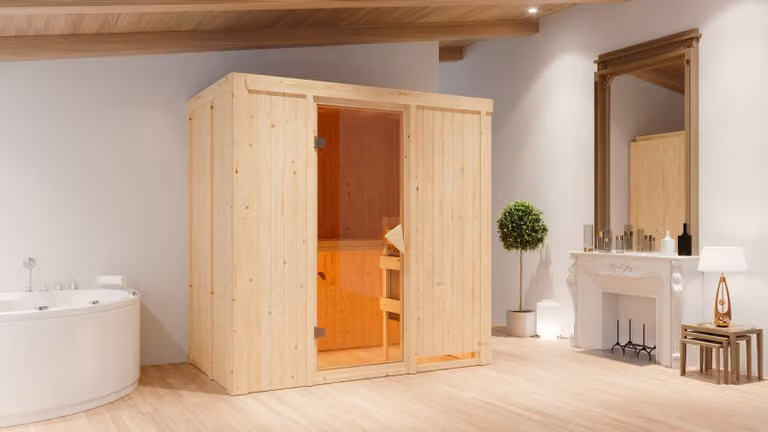Sauna Karibu Variado sauna interna riscaldatore ad entrata frontale 9 kW integr. strg 196x118x198 cm senza bordo del tetto con porta bronzata