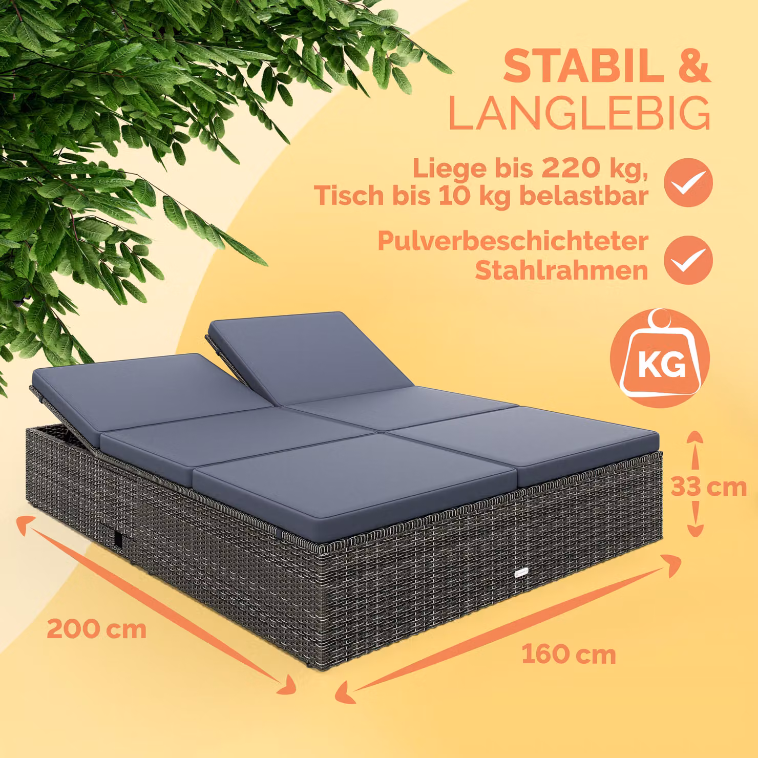 Lettino prendisole Casaria in polyrattan grigio antracite con poggiatesta regolabile e vassoio laterale L/P/H: 200 x 160 x 33 cm – 2