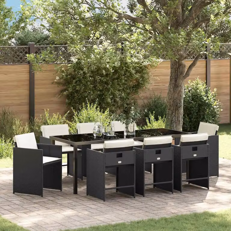 Set da pranzo per giardino e terrazzo vidaXL in polyrattan nero con tavolo in vetro, 9 pezzi